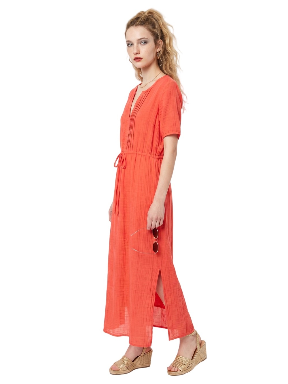 PURE COLLECTION Red Vneck Short sleeve Maxi Dress Dainty Pleats Drawstring waist - Picture 16 of 16